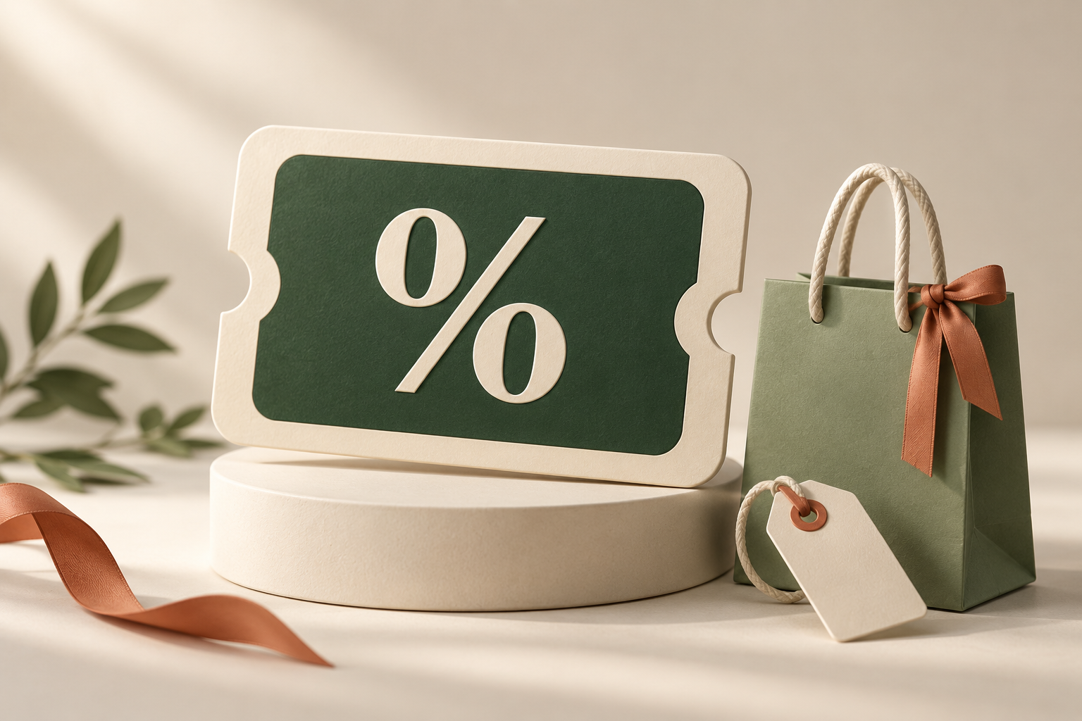 En erbjudandekupong och shoppingpåse i Qivos gröna och gräddvita färger
